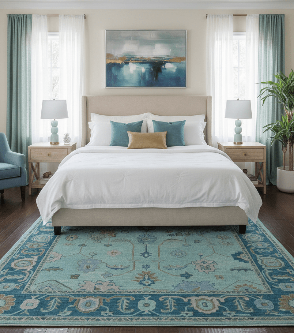 Elaine Custom Made Blue Traditional Oushak Hand Tufted Wool Rug.