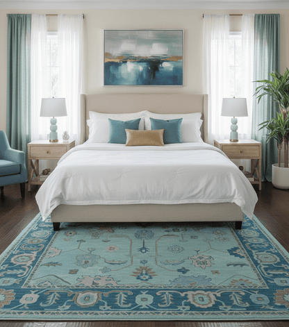 Elaine Custom Made Blue Traditional Oushak Hand Tufted Wool Rug.