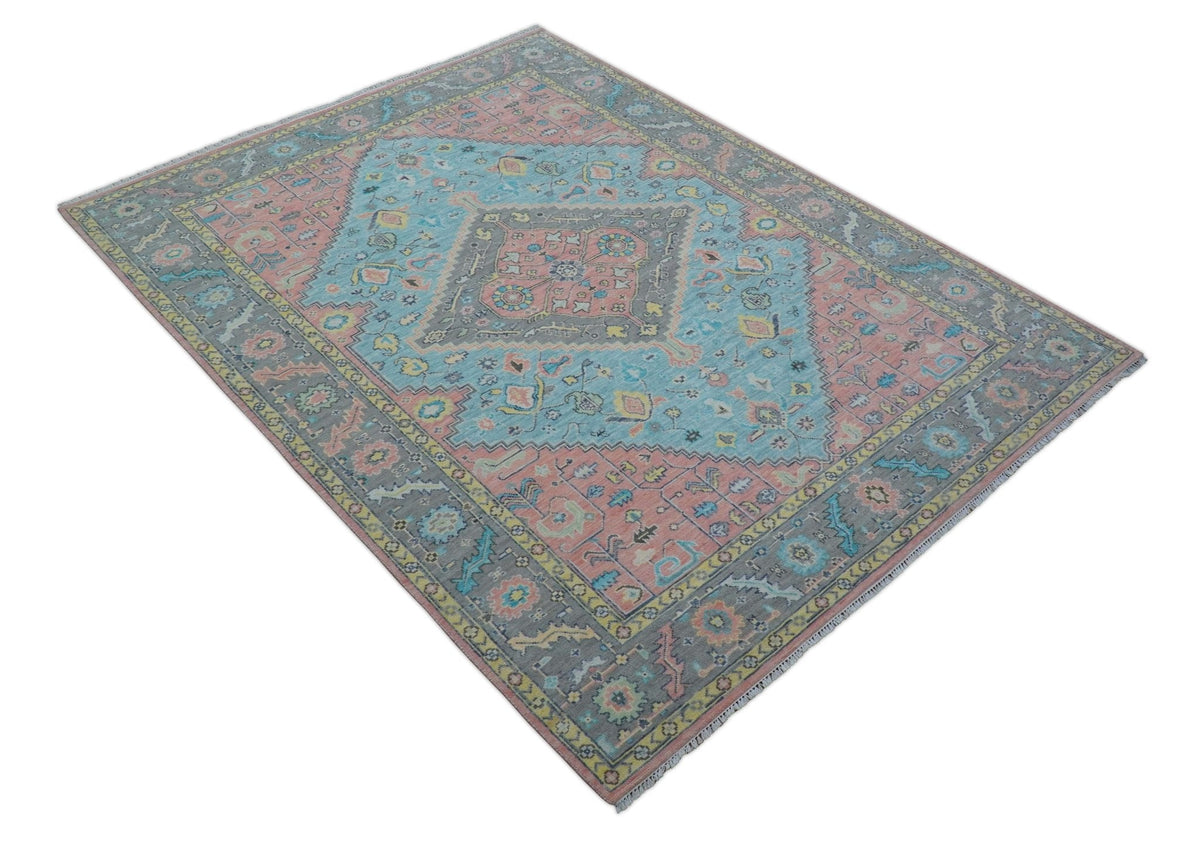 Eliane Custom Made Traditional Style Pink And Blue Hand Knotted Wool Area Rug.