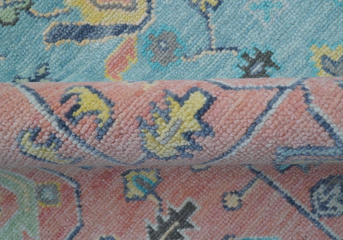 Eliane Custom Made Traditional Style Pink And Blue Hand Knotted Wool Area Rug.
