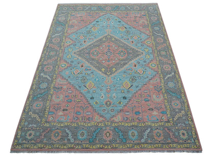 Eliane Custom Made Traditional Style Pink And Blue Hand Knotted Wool Area Rug.