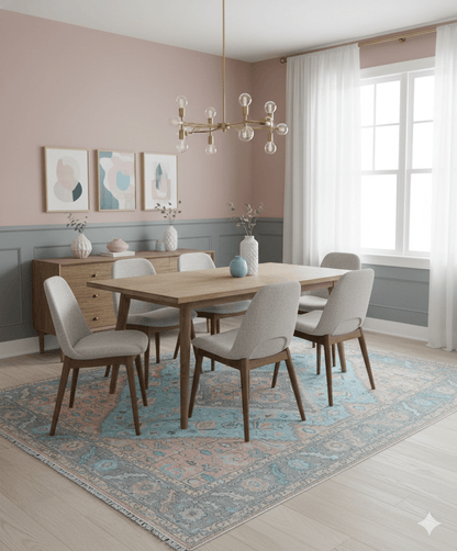 Eliane Custom Made Traditional Style Pink And Blue Hand Knotted Wool Area Rug.