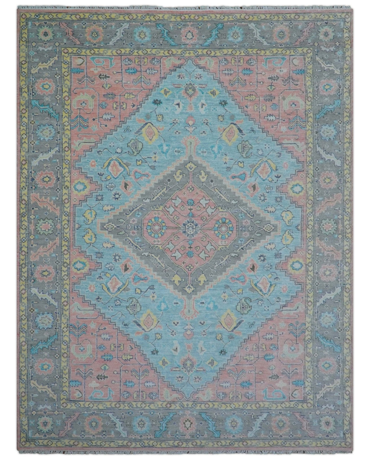 Eliane Custom Made Traditional Style Pink And Blue Hand Knotted Wool Area Rug.