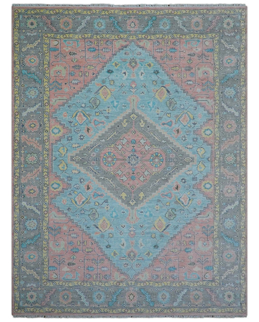 Eliane Custom Made Traditional Style Pink And Blue Hand Knotted Wool Area Rug.