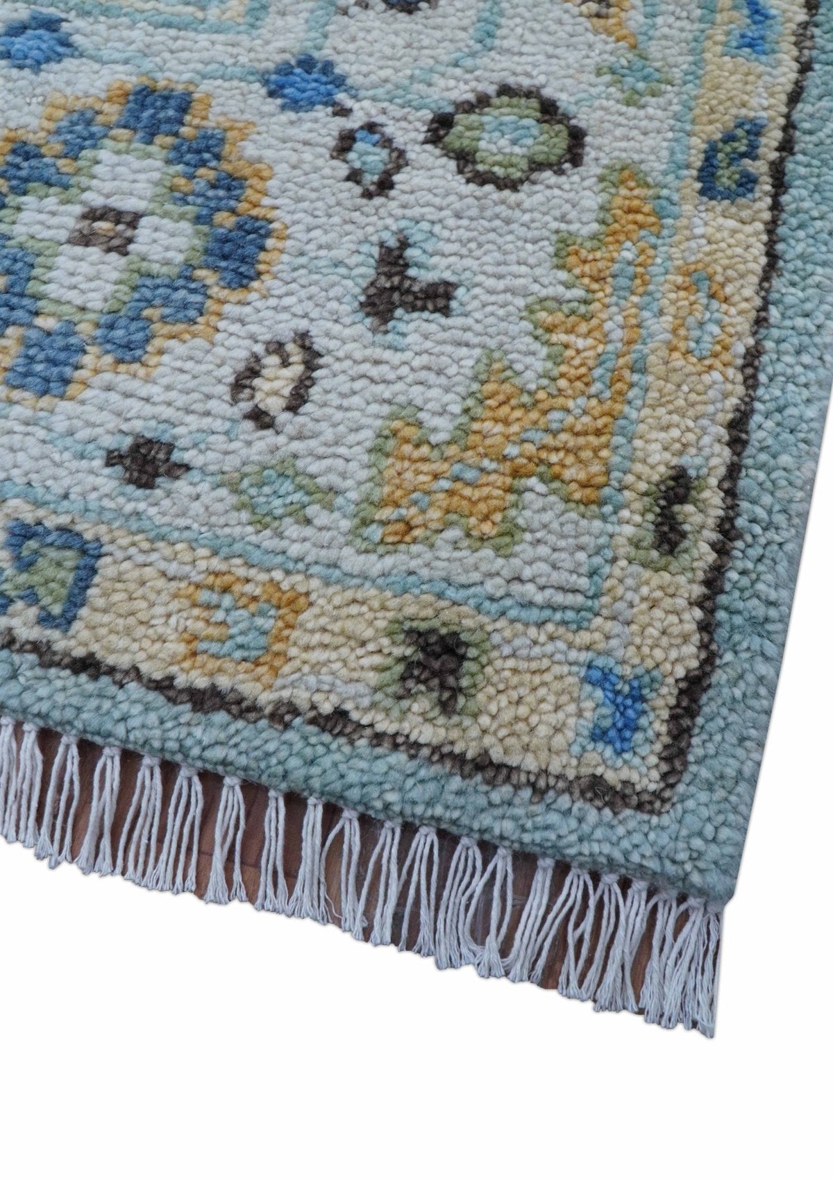 Ellie Blue And Beige Turkish Design Hand Knotted Wool Rug.