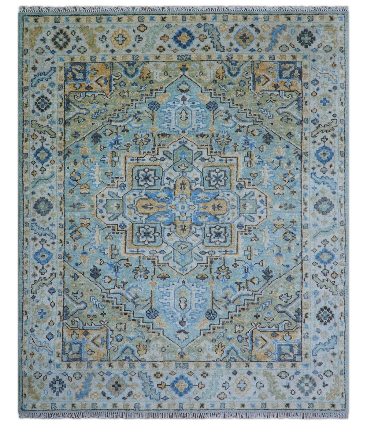 Ellie Blue And Beige Turkish Design Hand Knotted Wool Rug.