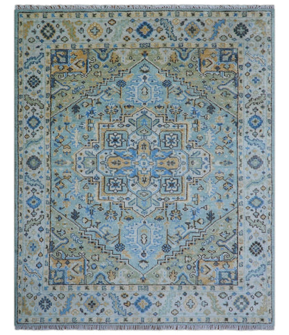 Ellie Blue And Beige Turkish Design Hand Knotted Wool Rug.