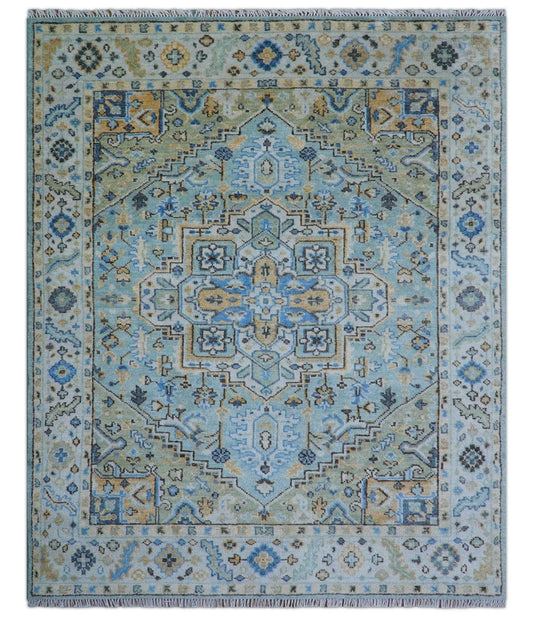 Ellie Blue And Beige Turkish Design Hand Knotted Wool Rug.