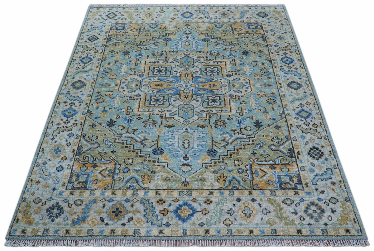 Ellie Blue And Beige Turkish Design Hand Knotted Wool Rug.