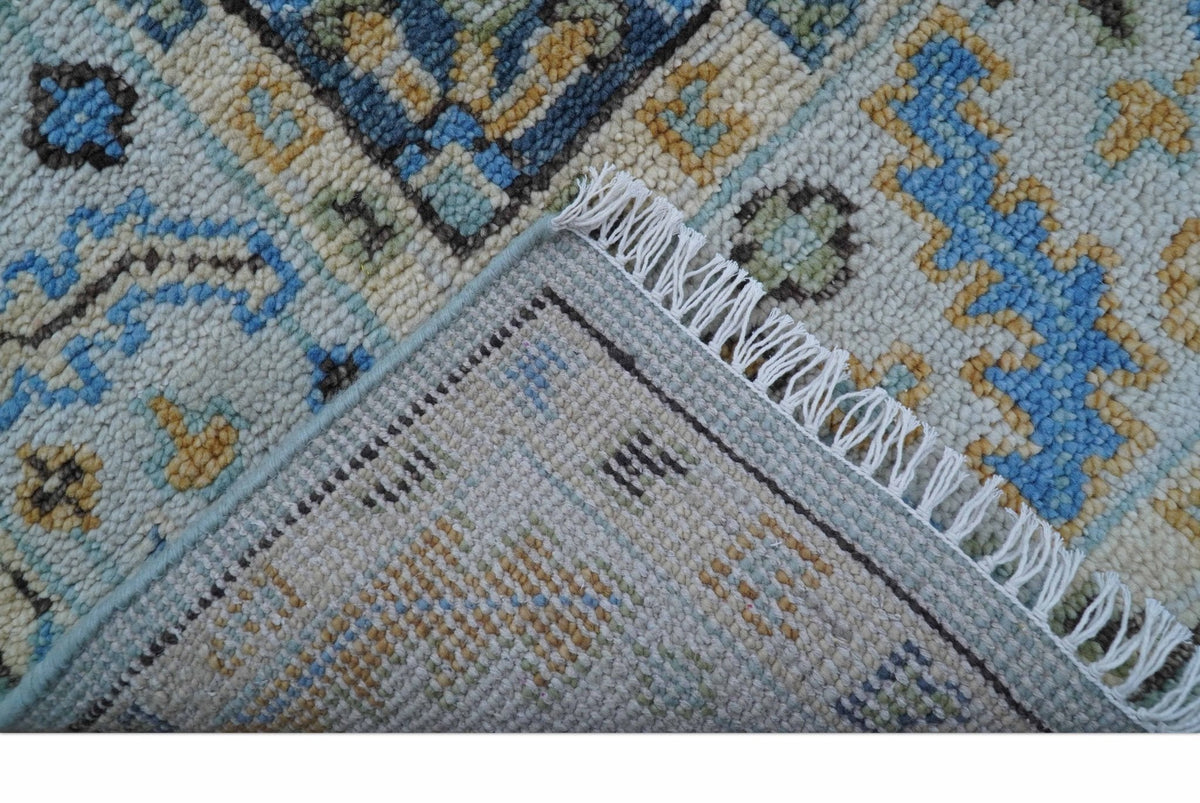 Ellie Blue And Beige Turkish Design Hand Knotted Wool Rug.