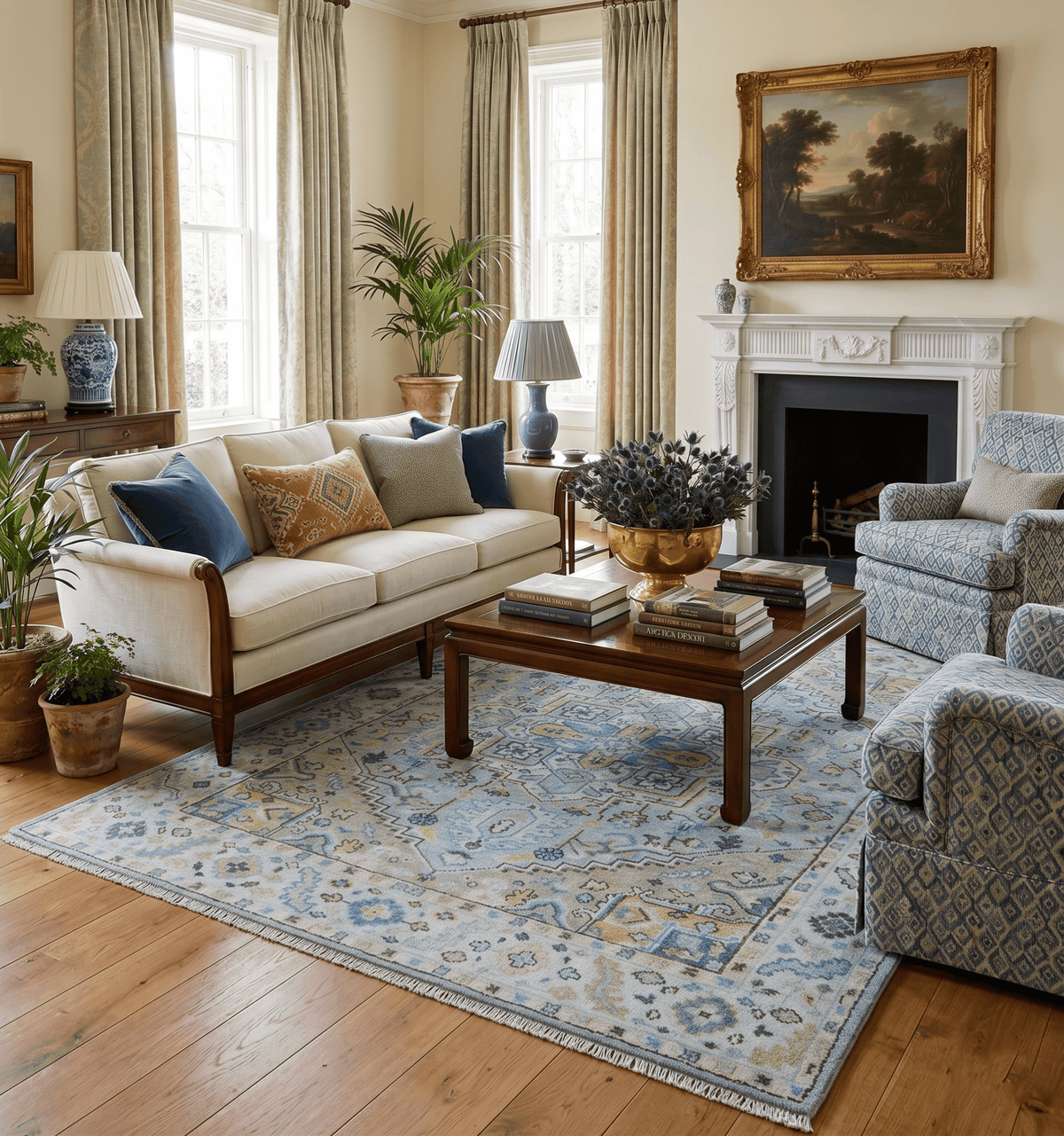 Ellie Blue And Beige Turkish Design Hand Knotted Wool Rug.