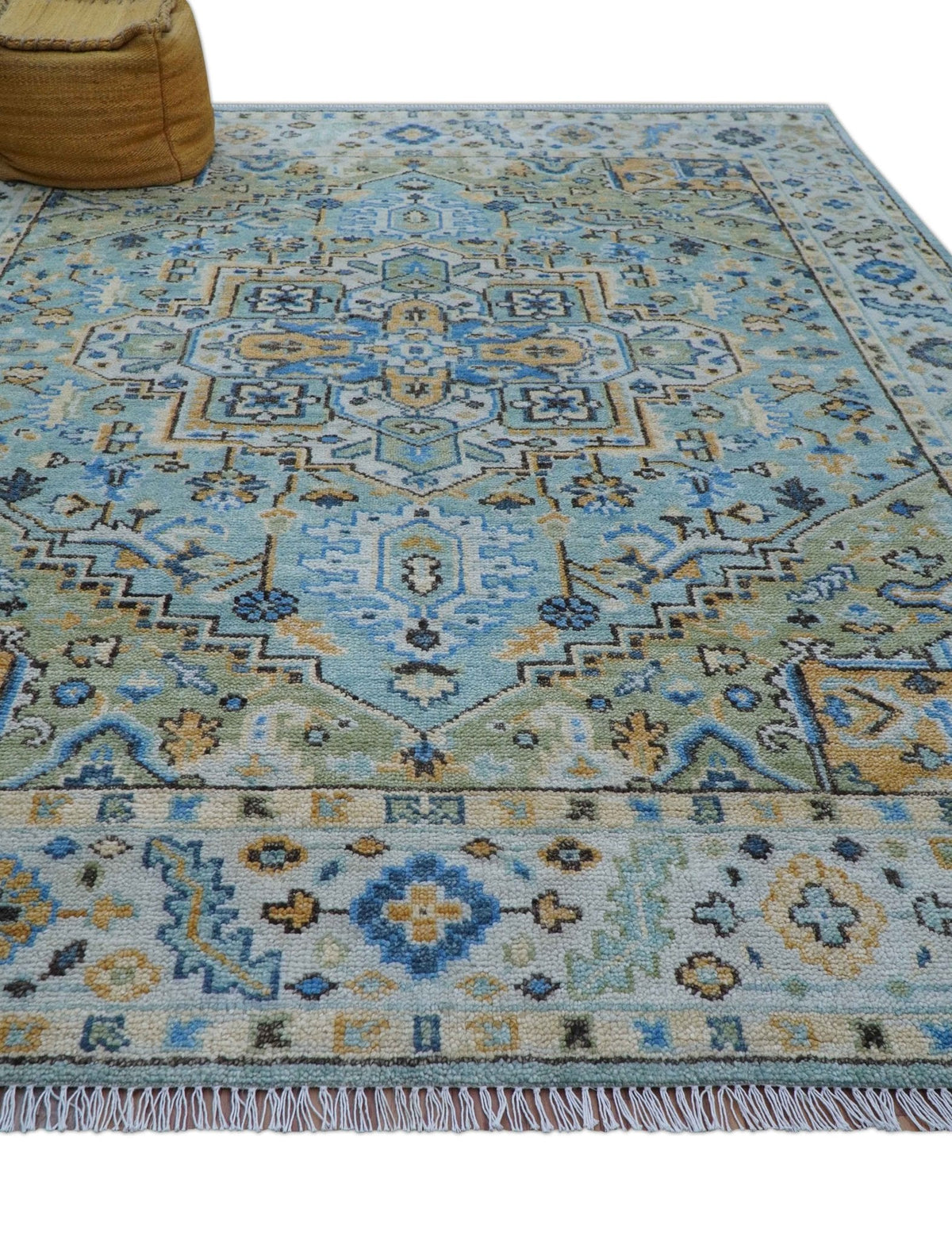 Ellie Blue And Beige Turkish Design Hand Knotted Wool Rug.