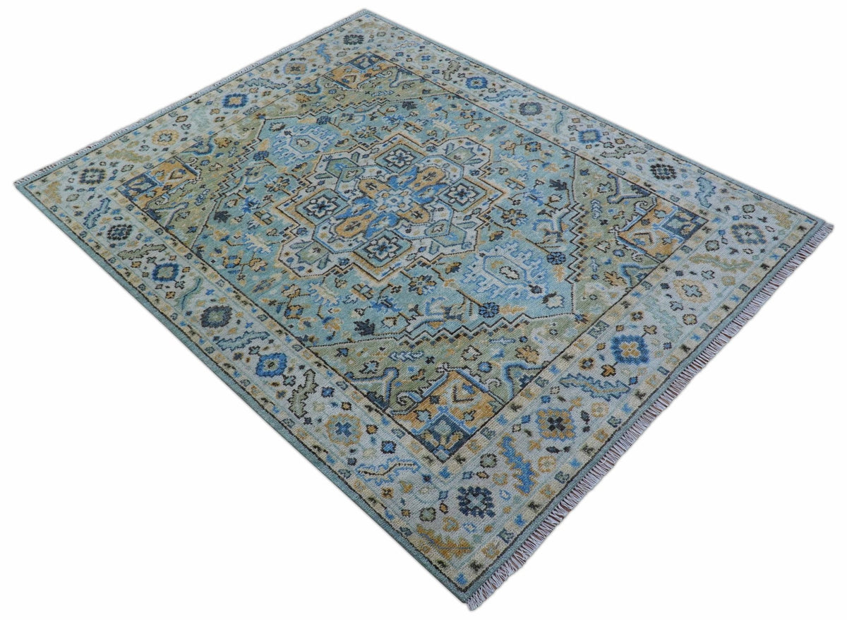 Ellie Blue And Beige Turkish Design Hand Knotted Wool Rug.