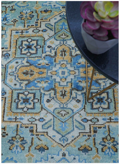 Ellie Blue And Beige Turkish Design Hand Knotted Wool Rug.