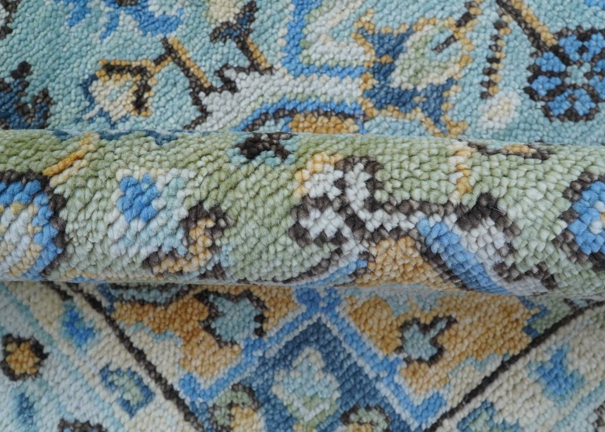 Ellie Blue And Beige Turkish Design Hand Knotted Wool Rug.