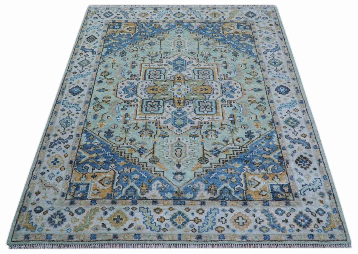 Ellie Hand Knotted Light Green And Ivory Turkish Design Wool Rug.