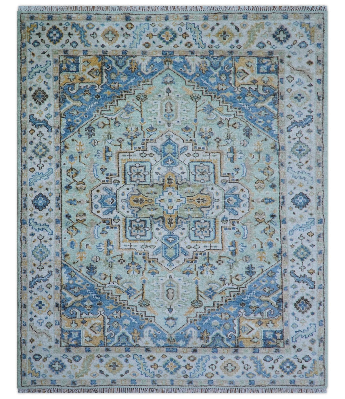 Ellie Hand Knotted Light Green And Ivory Turkish Design Wool Rug.