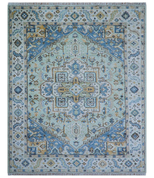 Ellie Hand Knotted Light Green And Ivory Turkish Design Wool Rug.