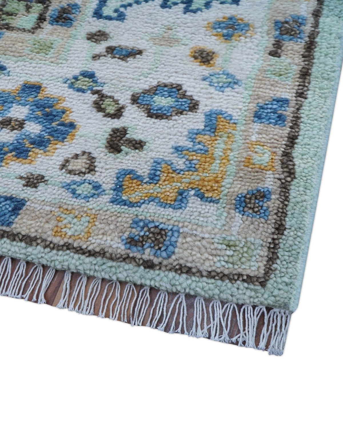 Ellie Hand Knotted Light Green And Ivory Turkish Design Wool Rug.