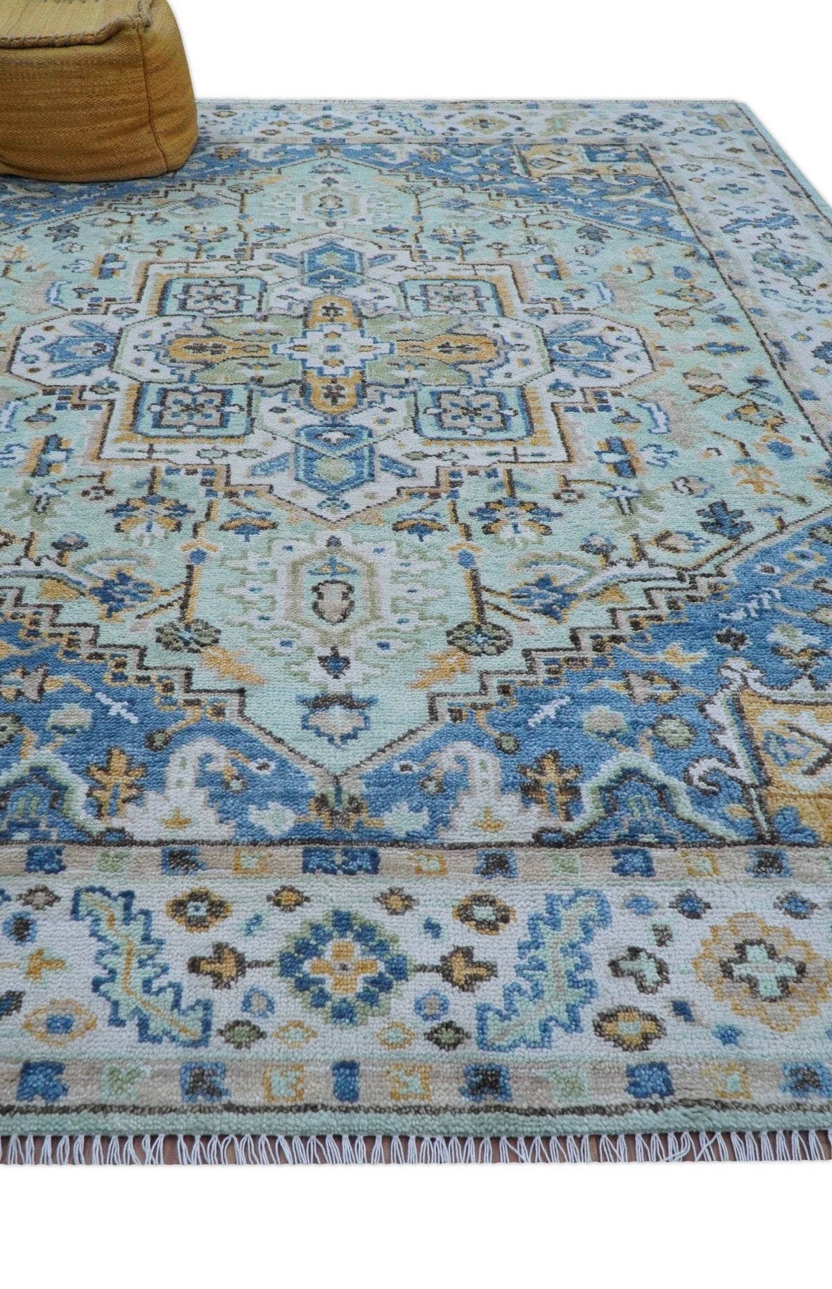 Ellie Hand Knotted Light Green And Ivory Turkish Design Wool Rug.