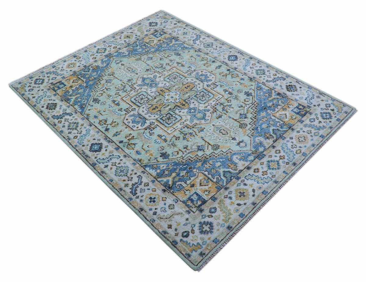 Ellie Hand Knotted Light Green And Ivory Turkish Design Wool Rug.