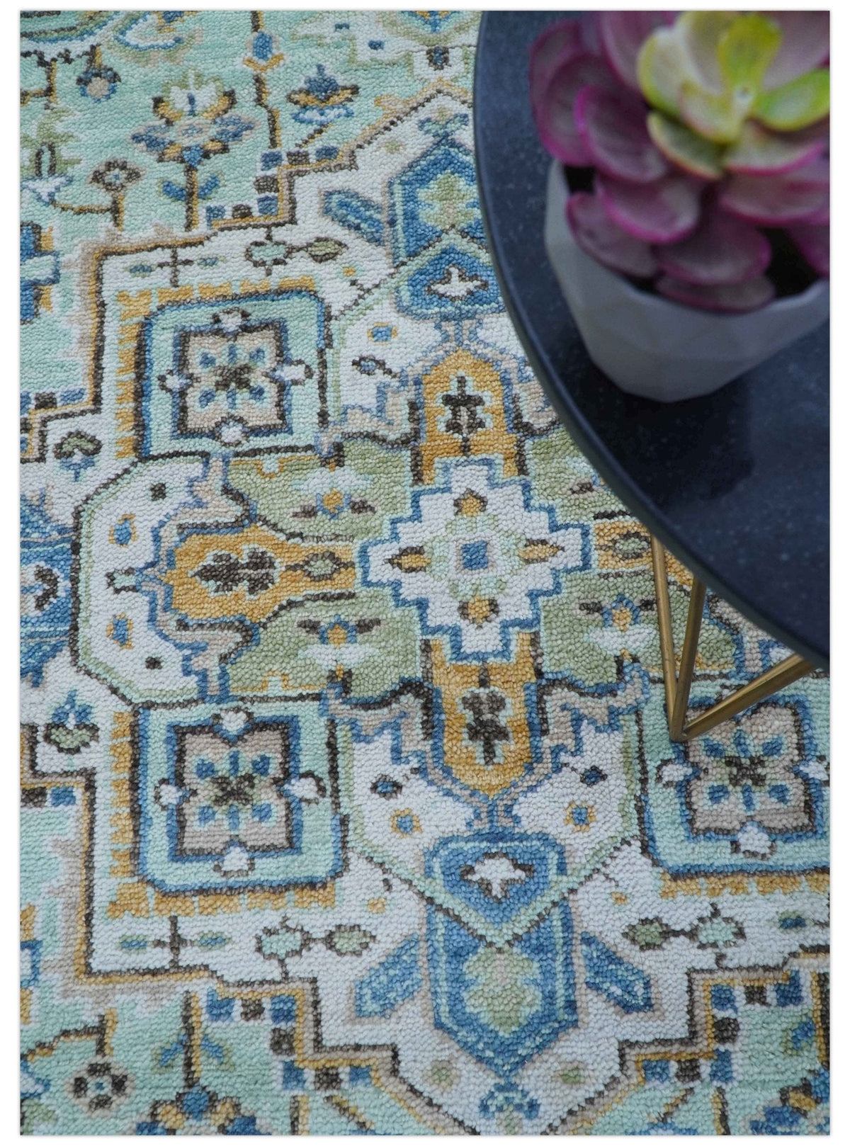 Ellie Hand Knotted Light Green And Ivory Turkish Design Wool Rug.