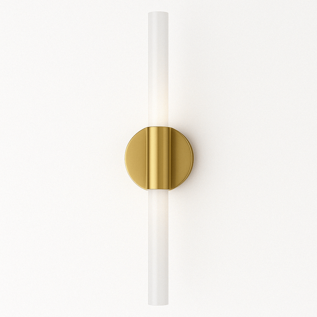 Wall sconce with gold fixture and white cylindrical shade on a white background