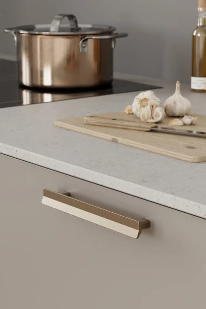 Modern Brushed Bronze "Vis a Vis" Cabinet Knob and Drawer Pulls.