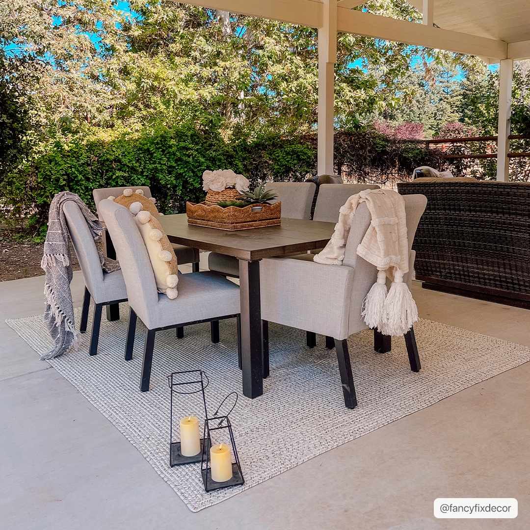 Beige Braided Faux Jute Outdoor Rug.