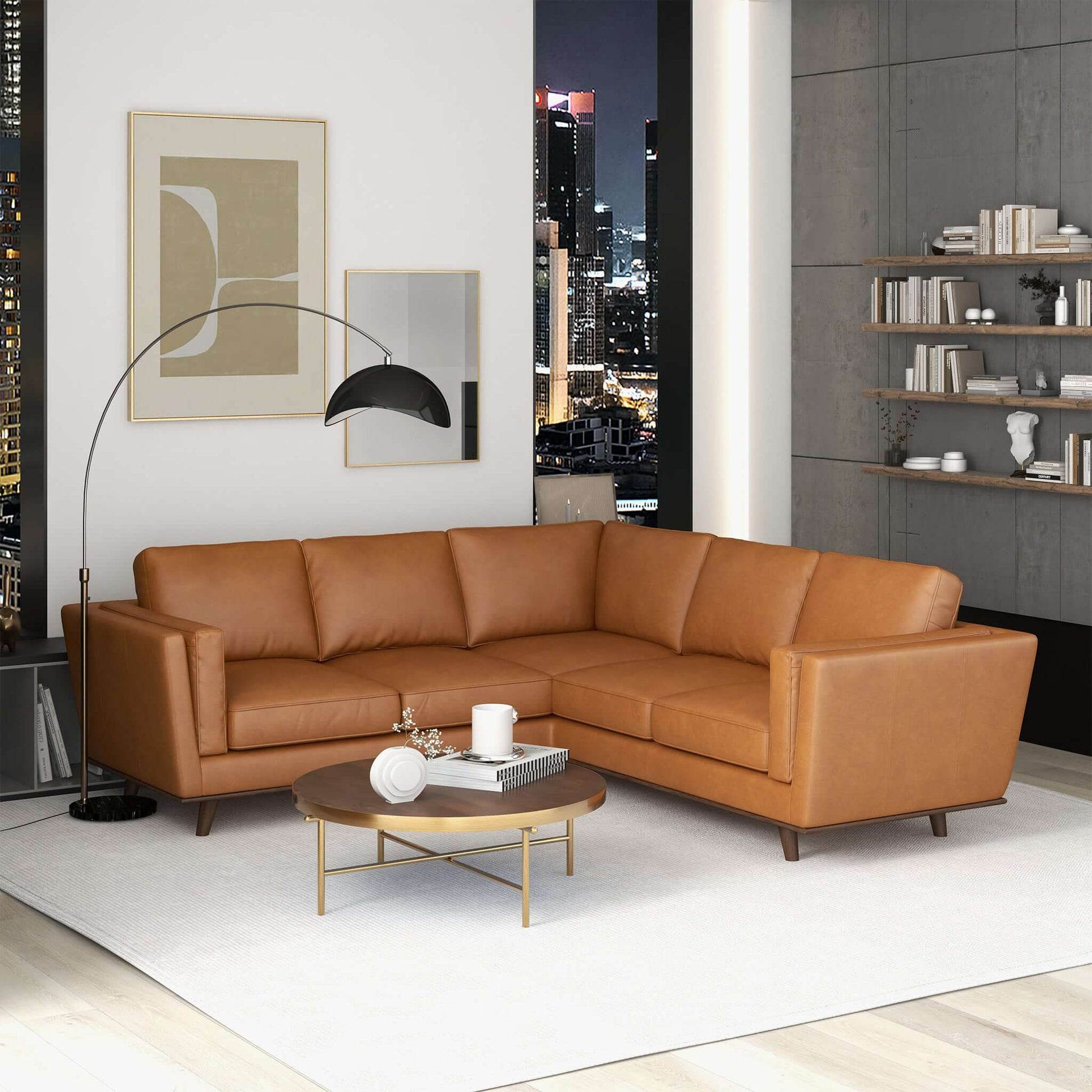 Ashcroft Furniture Co Farsah Mid Century Modern Tan Leather Corner Sofa