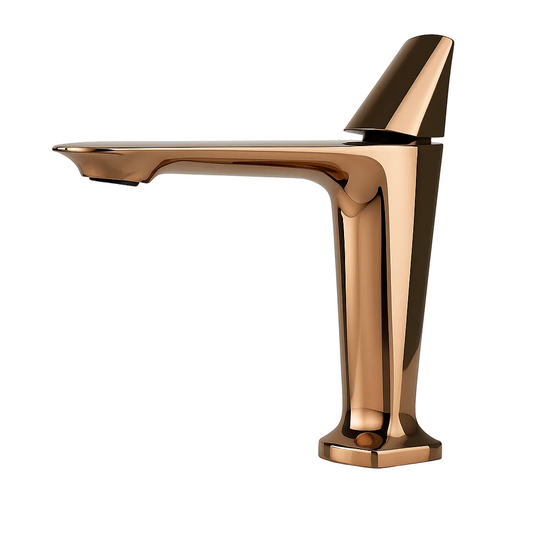 Rose gold faucet on a white background