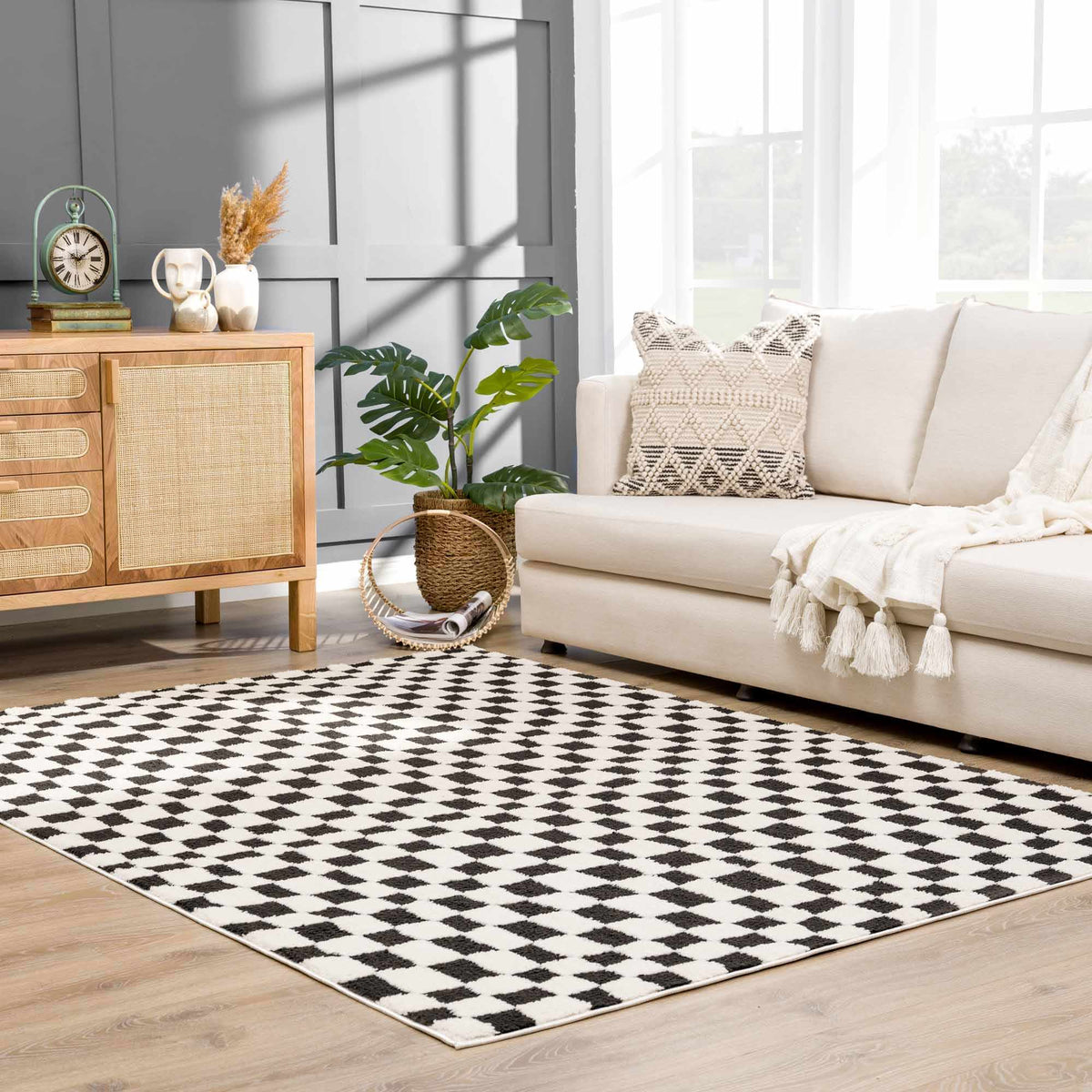 Lajos Black & White Checkered Plush Rug.