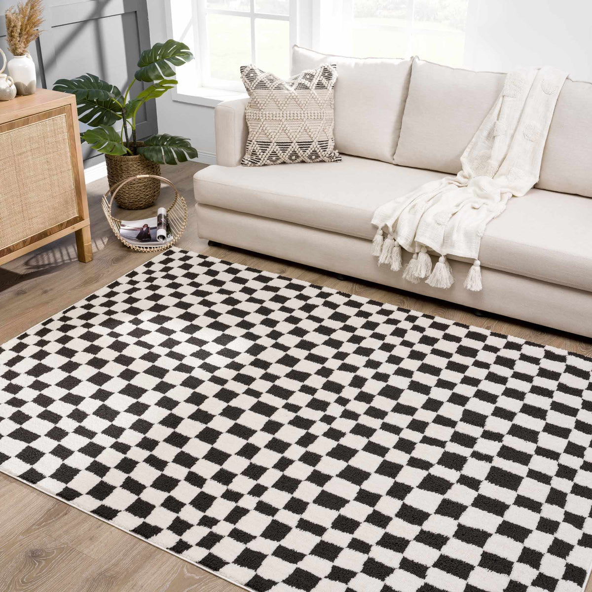 Lajos Black & White Checkered Plush Rug.
