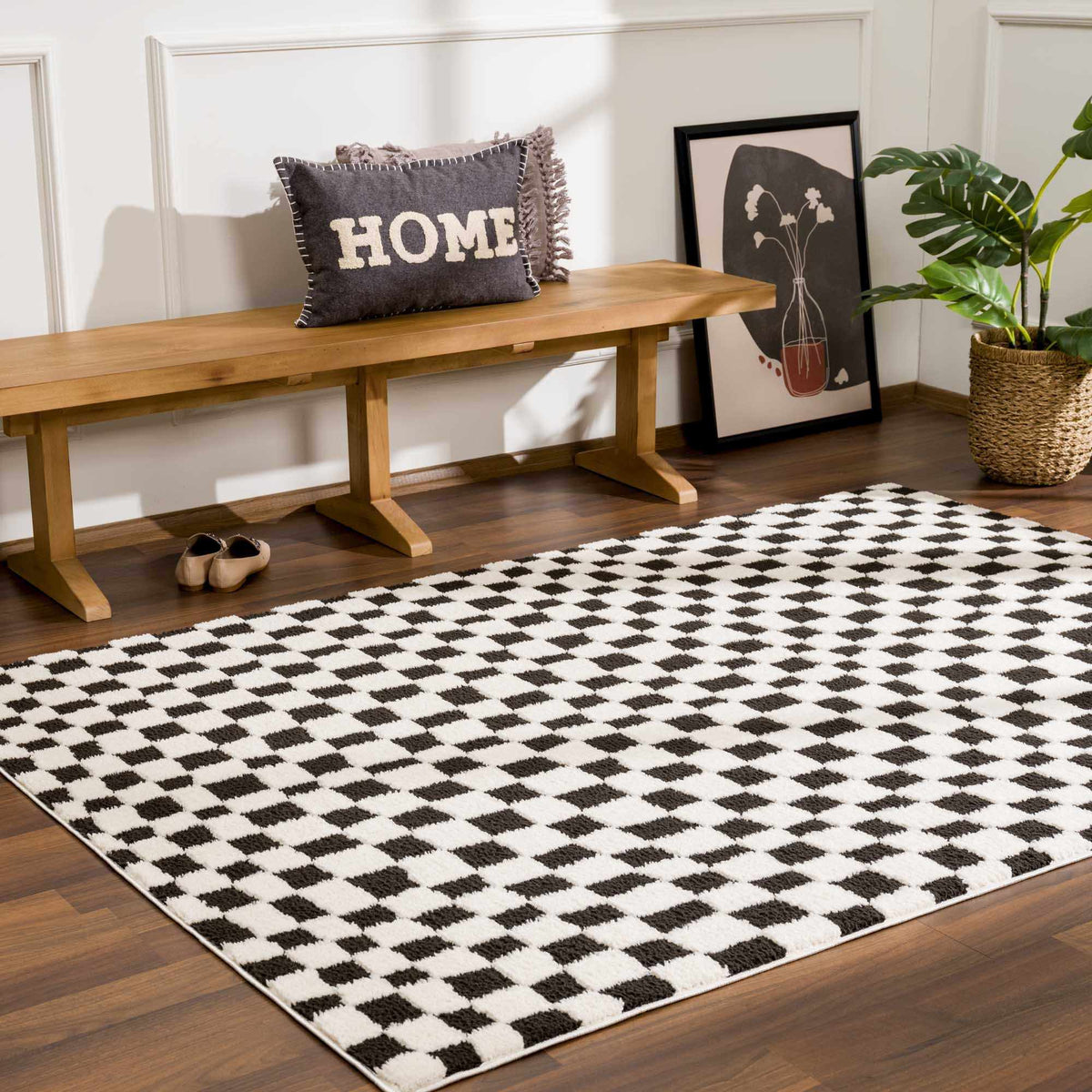 Lajos Black & White Checkered Plush Rug.