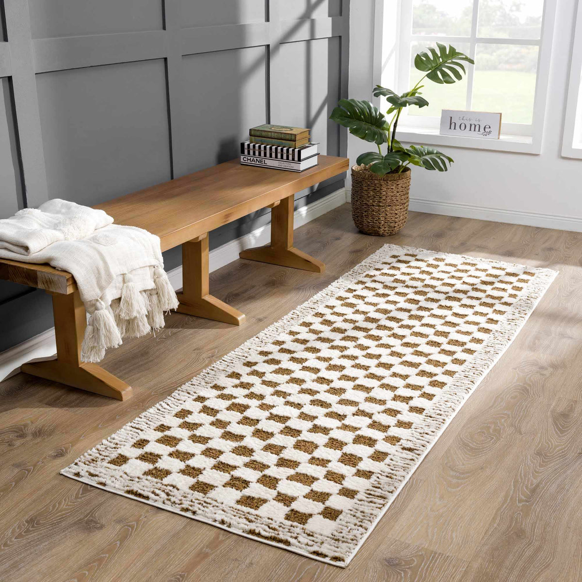 Leryn Brown Checkered Plush Rug.