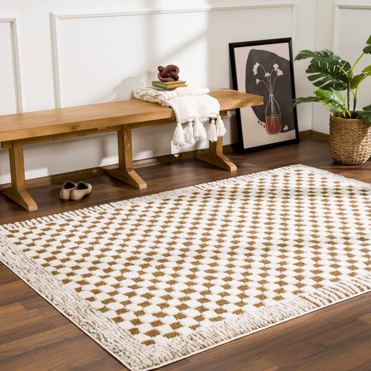 Leryn Brown Checkered Plush Rug.