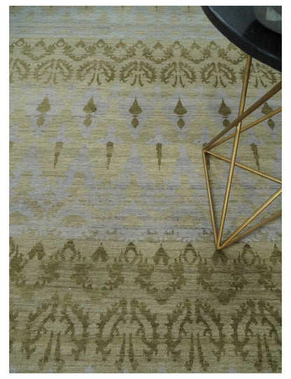 Fine Green 8x10 Hand Knotted Beige, Olive and Silver Traditional Wool Rug.
