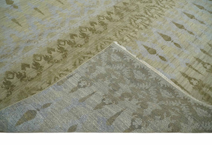 Fine Green 8x10 Hand Knotted Beige, Olive and Silver Traditional Wool Rug.