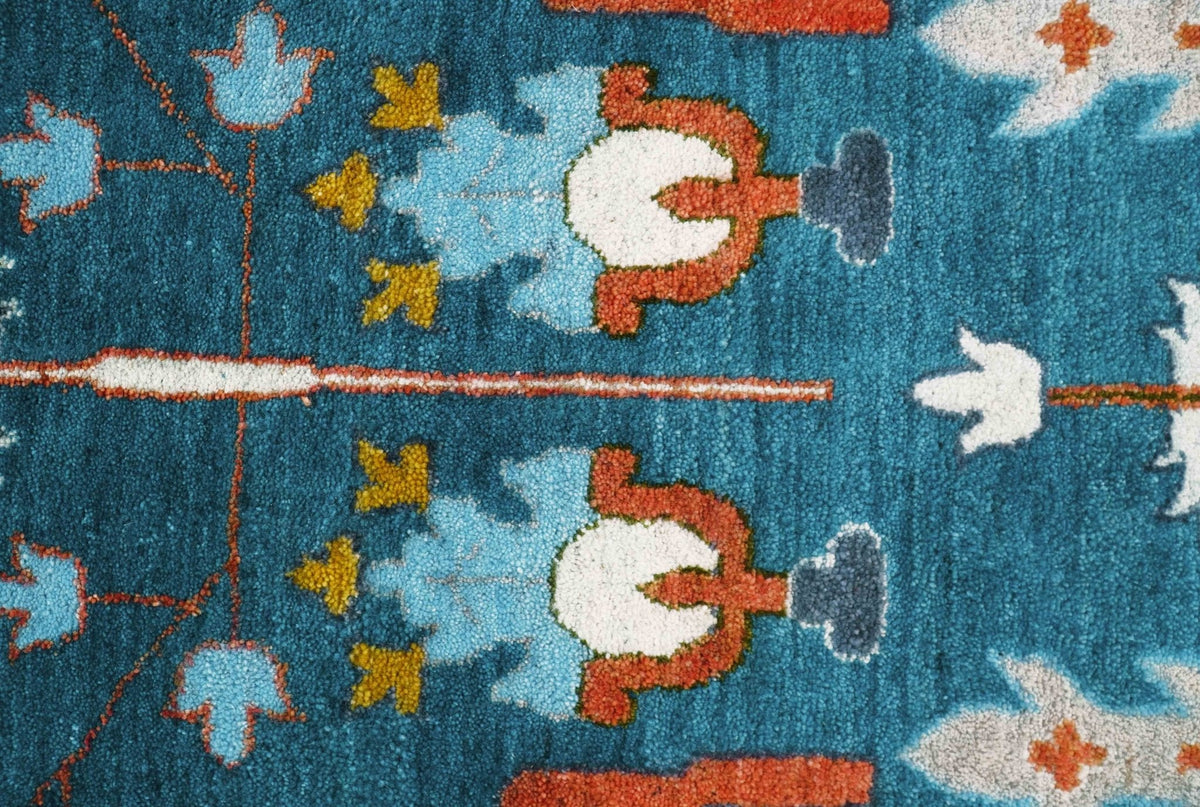 Fine Teal And Ivory Traditional Tree of life Hand Knotted Wool Rug.