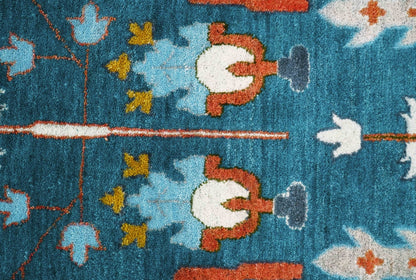 Fine Teal And Ivory Traditional Tree of life Hand Knotted Wool Rug.
