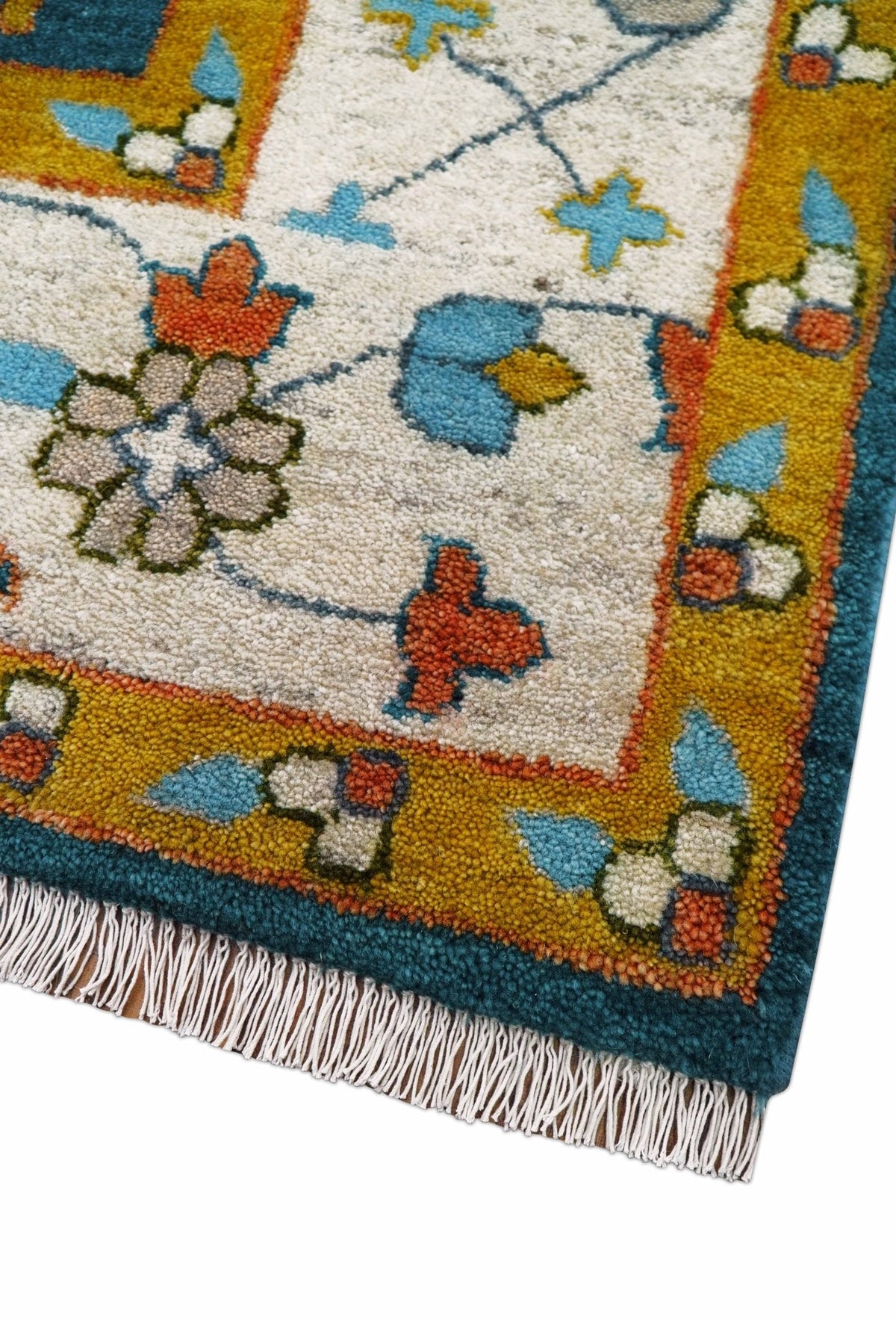 Fine Teal And Ivory Traditional Tree of life Hand Knotted Wool Rug.