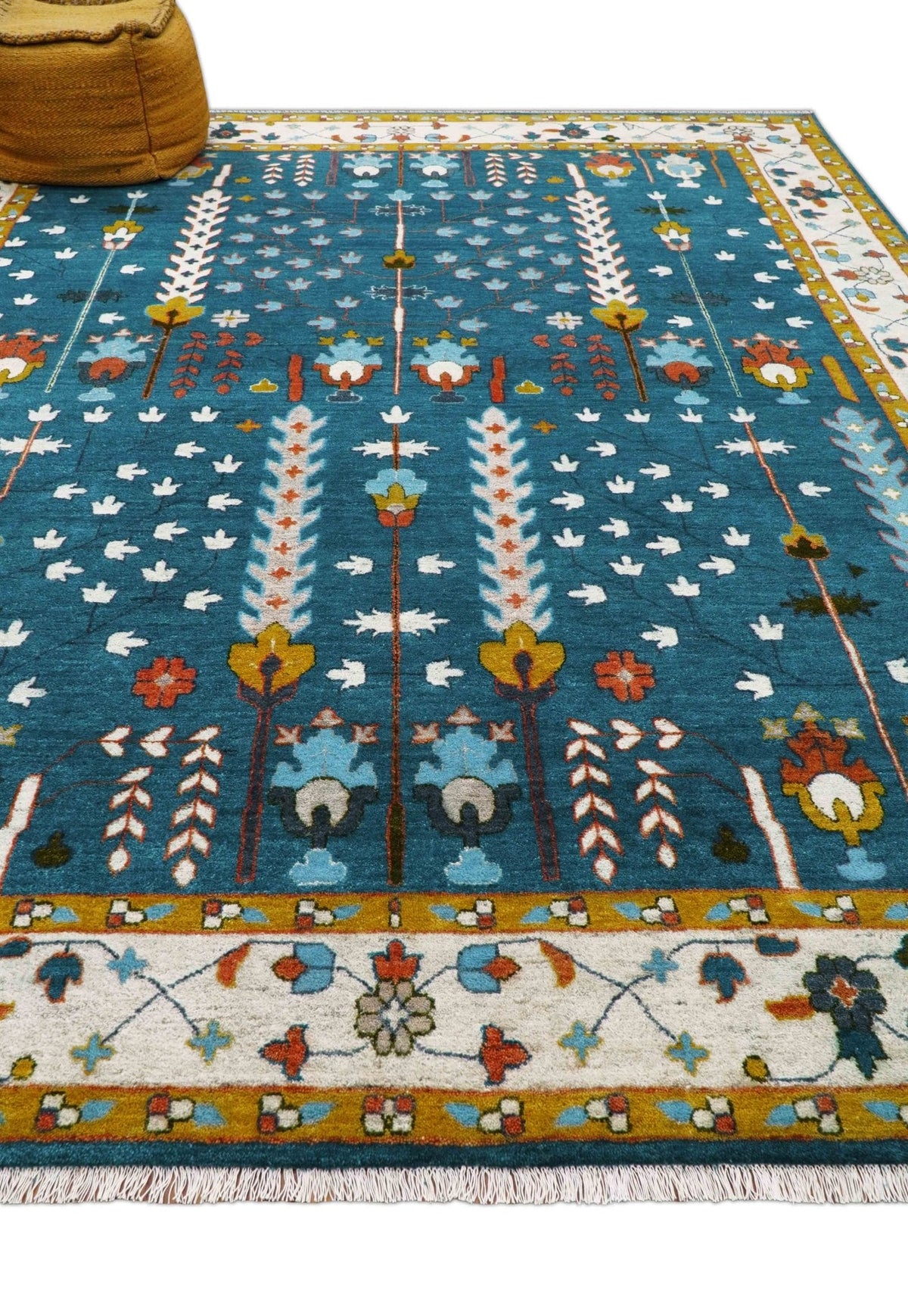 Fine Teal And Ivory Traditional Tree of life Hand Knotted Wool Rug.