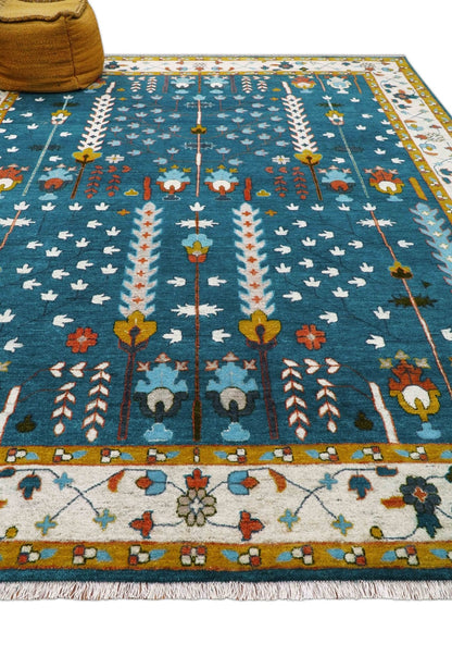 Fine Teal And Ivory Traditional Tree of life Hand Knotted Wool Rug.