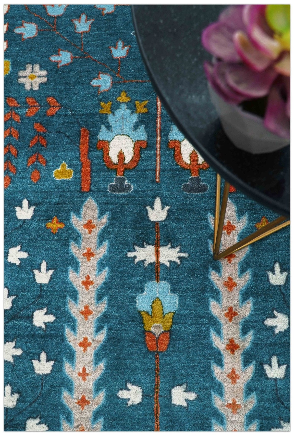 Fine Teal And Ivory Traditional Tree of life Hand Knotted Wool Rug.