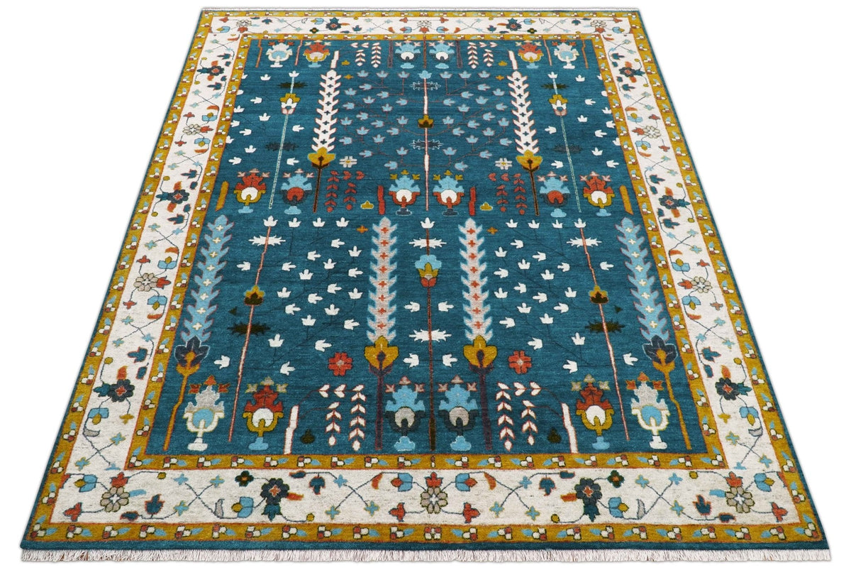 Fine Teal And Ivory Traditional Tree of life Hand Knotted Wool Rug.