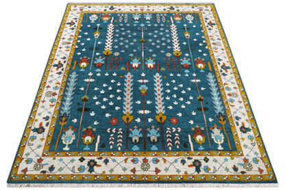 Fine Teal And Ivory Traditional Tree of life Hand Knotted Wool Rug.