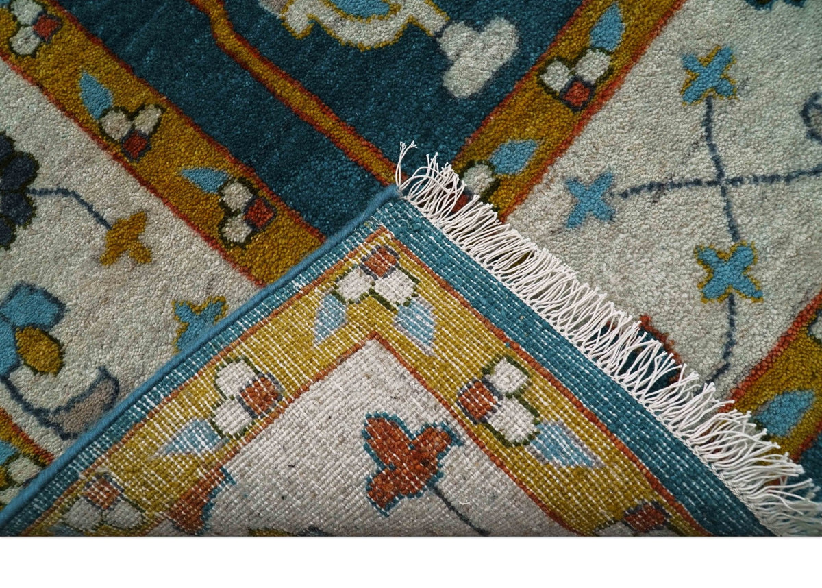 Fine Teal And Ivory Traditional Tree of life Hand Knotted Wool Rug.