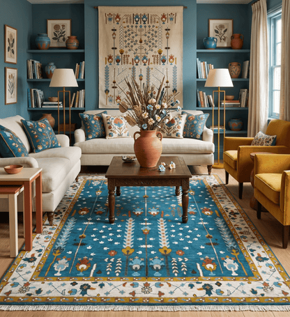Fine Teal And Ivory Traditional Tree of life Hand Knotted Wool Rug.
