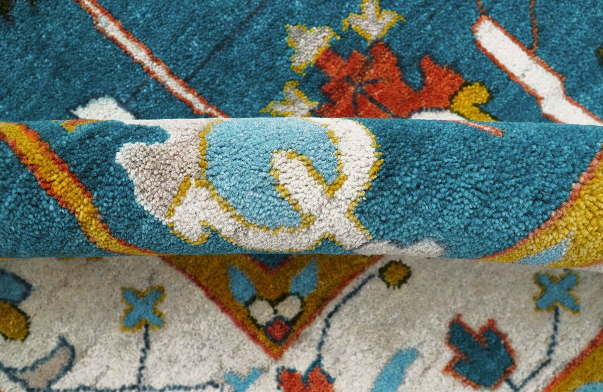 Fine Teal And Ivory Traditional Tree of life Hand Knotted Wool Rug.