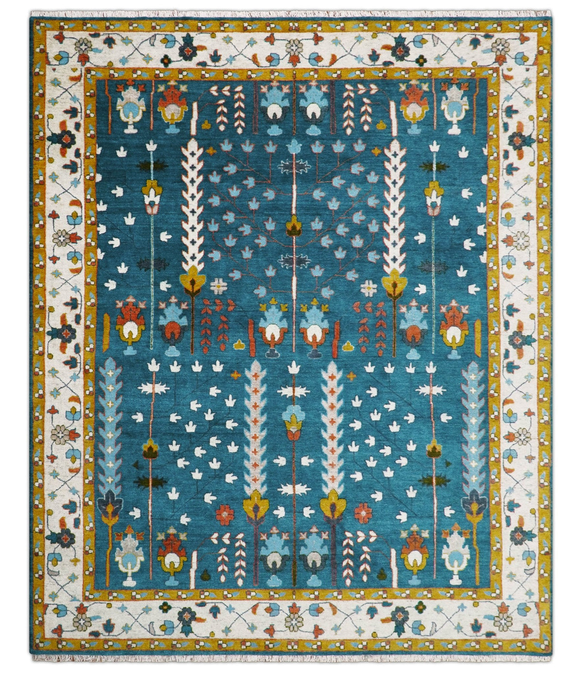 Fine Teal And Ivory Traditional Tree of life Hand Knotted Wool Rug.